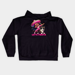 Let's Fiesta Dabbing girl Dancer on Cat's Back Happy Cinco de Mayo  wearing sunglasses Kids Hoodie